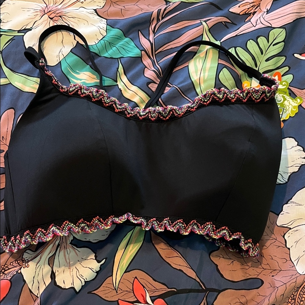 Black bandeau bikini top with embroidered ribbon edges new